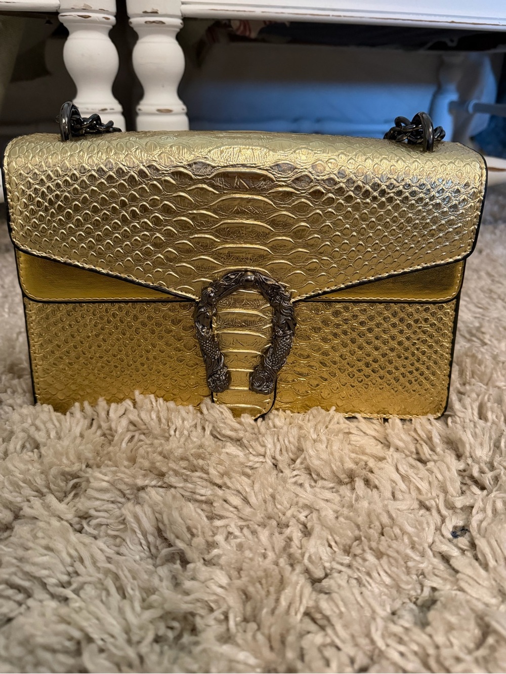 Gold Textured Snake-Embossed Shoulder Bag